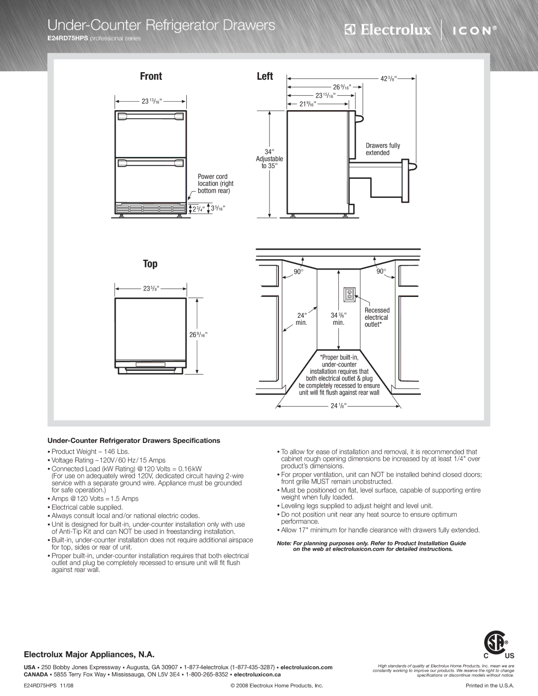 Electrolux E24RD75HPS specifications Left, Top, Under-Counter Refrigerator Drawers Specifications 