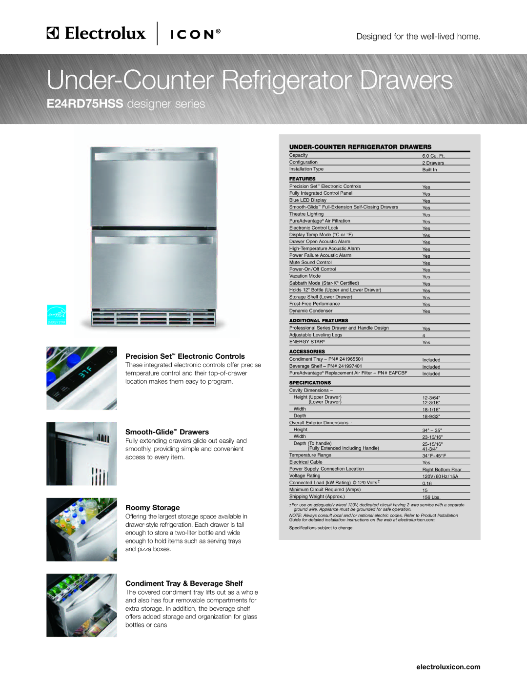 Electrolux E24RD75HSS specifications Precision Set Electronic Controls, Smooth-GlideDrawers, Roomy Storage 