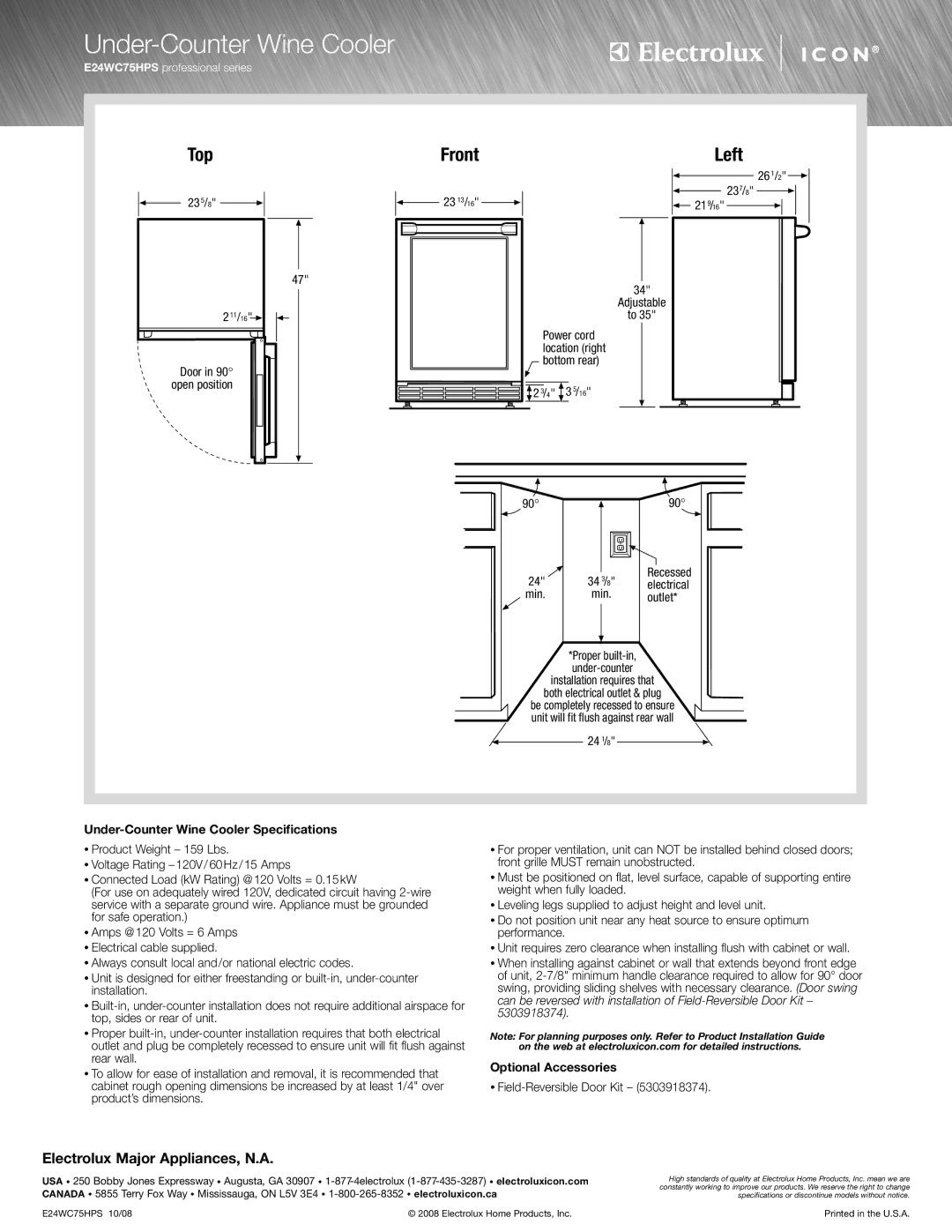 Electrolux E24WC75HPS specifications Under-Counter Wine Cooler Specifications, Optional Accessories 