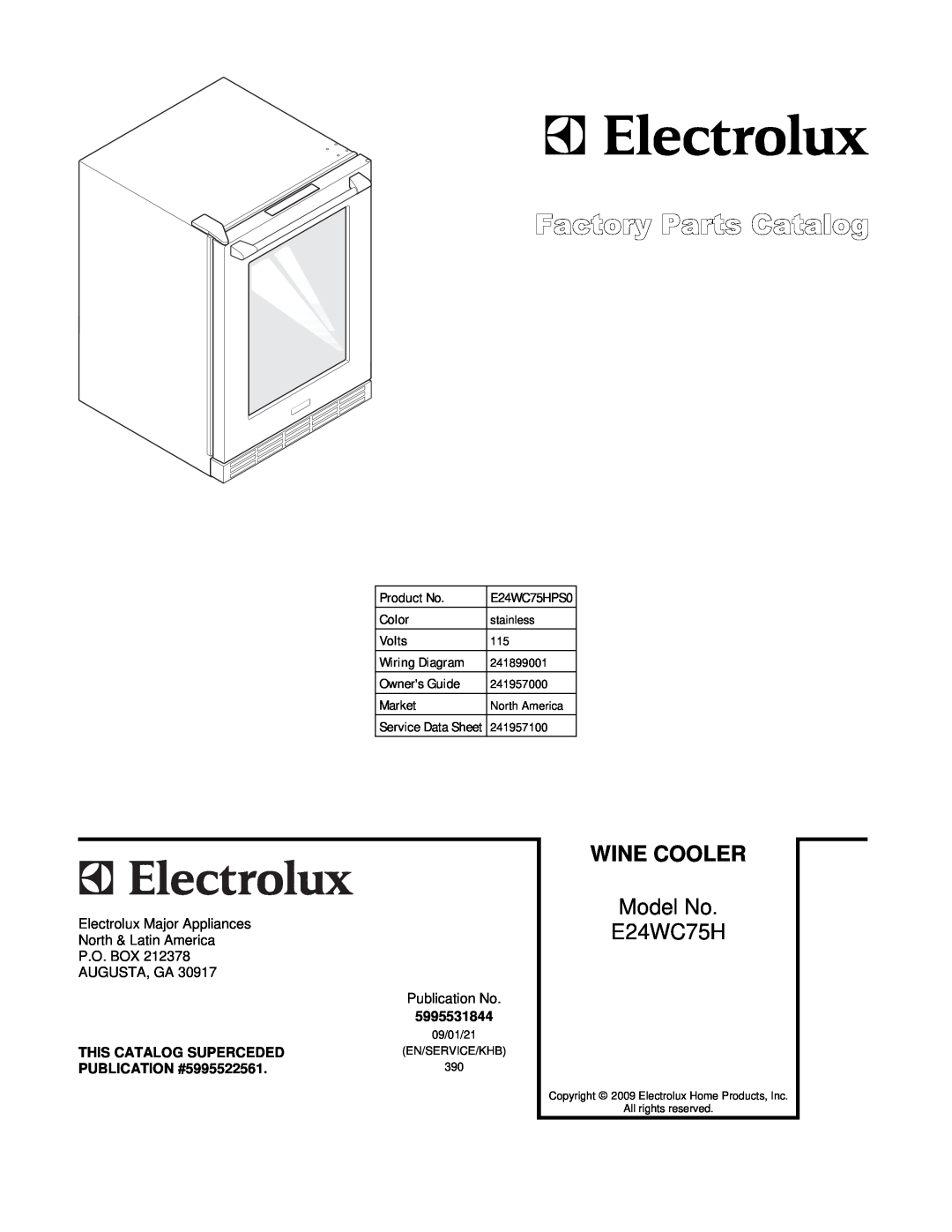 Electrolux E24WC75HPS0 manual Wine Cooler, Model No 