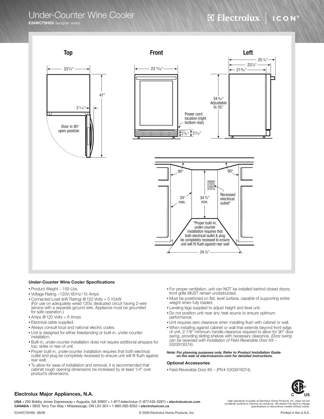 Electrolux E24WC75HSS specifications Under-Counter Wine Cooler Specifications, Optional Accessories 