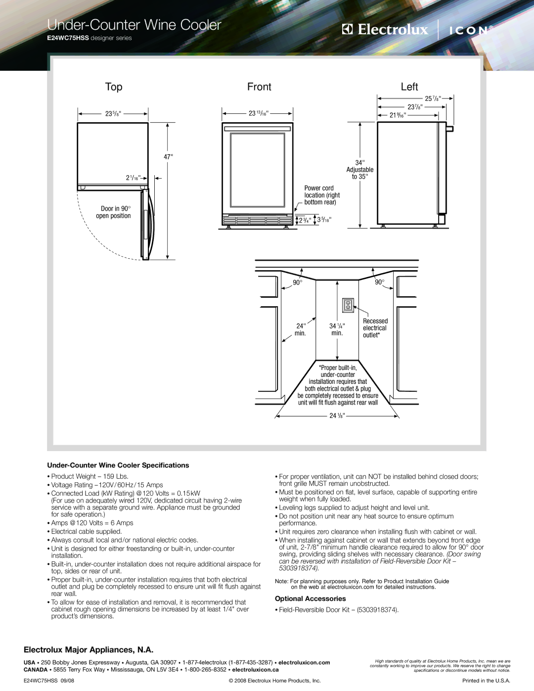 Electrolux E24WC75HSS specifications Under-Counter Wine Cooler Specifications, Optional Accessories 