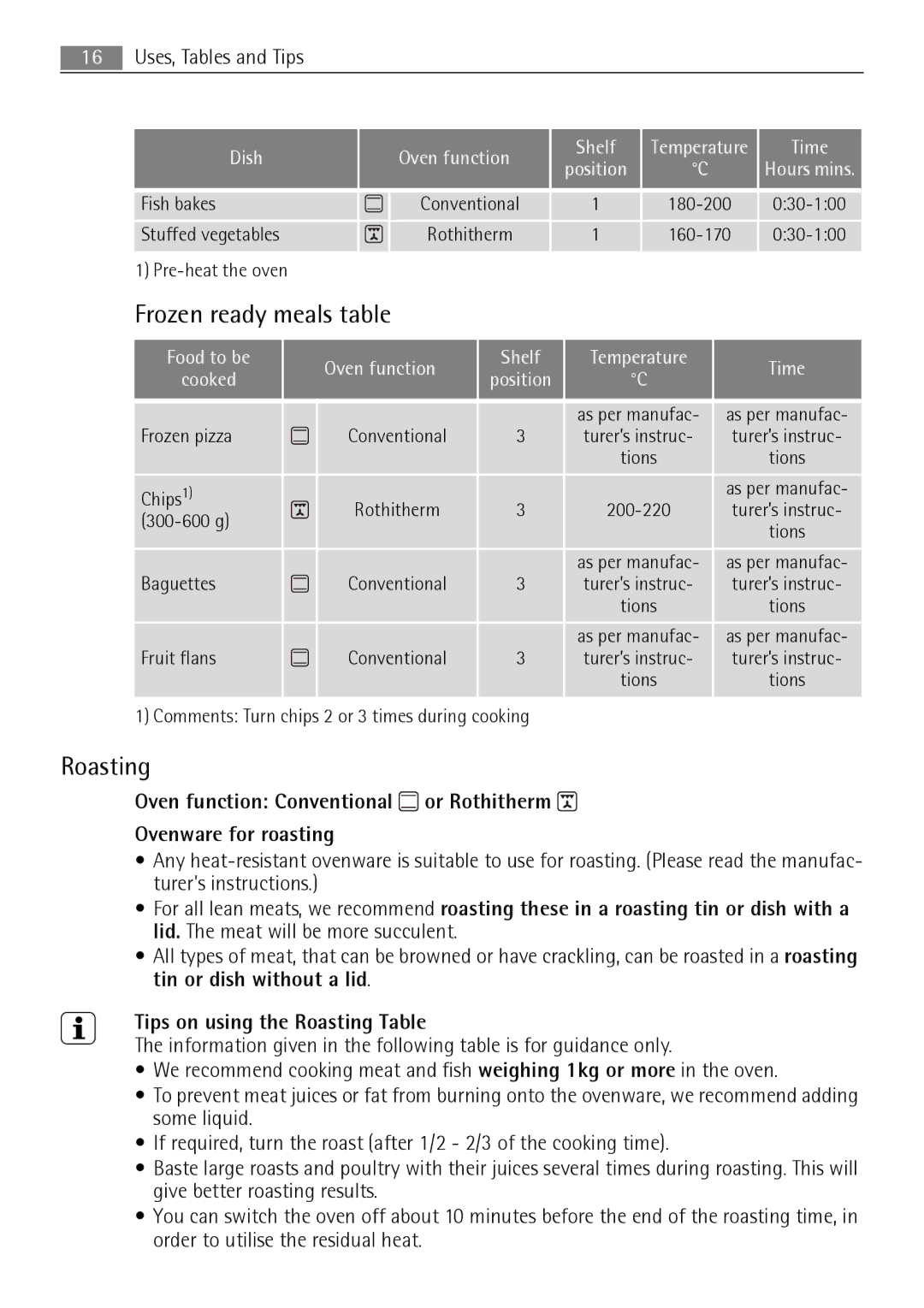 Electrolux E3000-5 user manual Frozen ready meals table, Tips on using the Roasting Table 