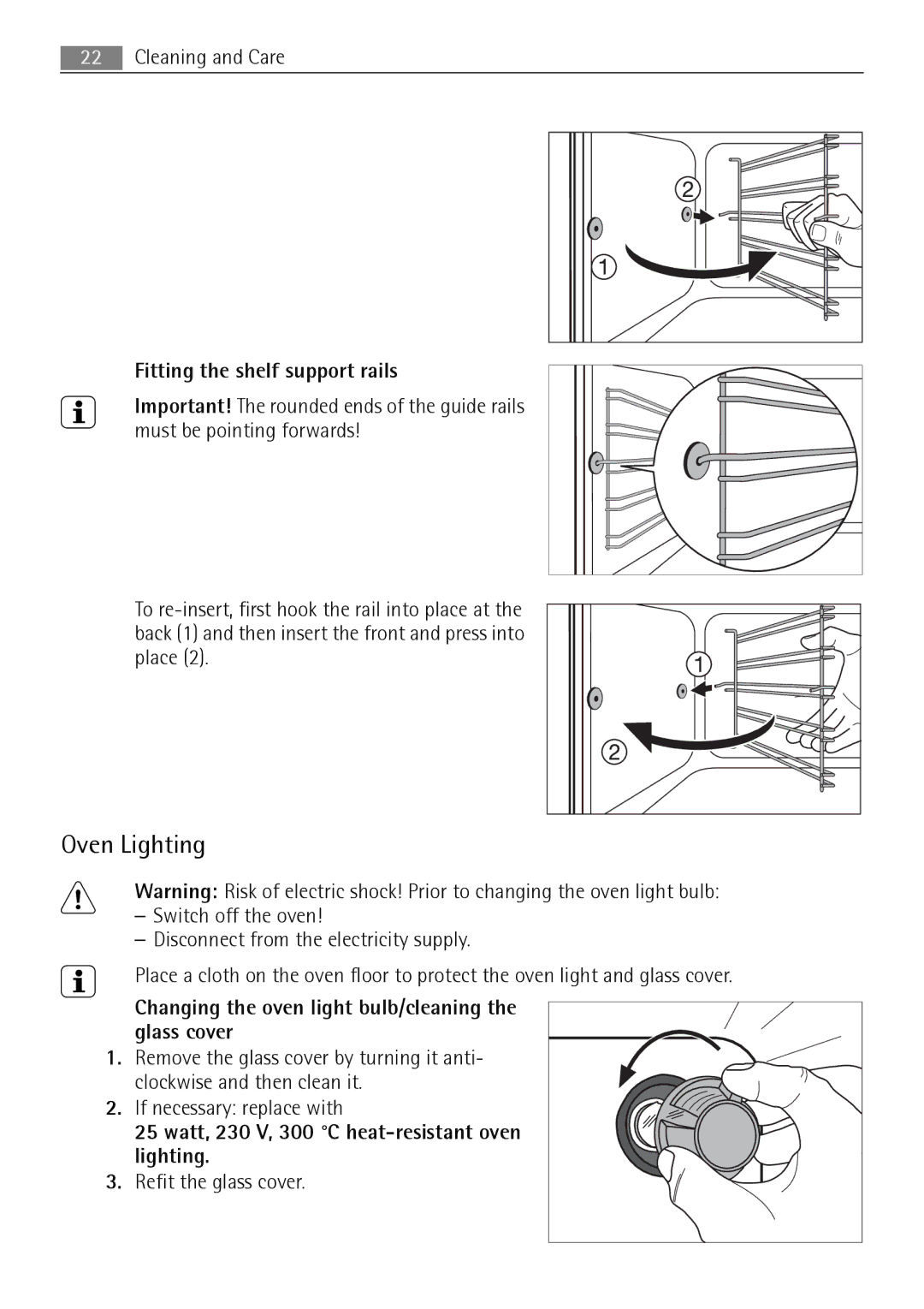 Electrolux E3000-5 Oven Lighting, Fitting the shelf support rails, Changing the oven light bulb/cleaning the glass cover 