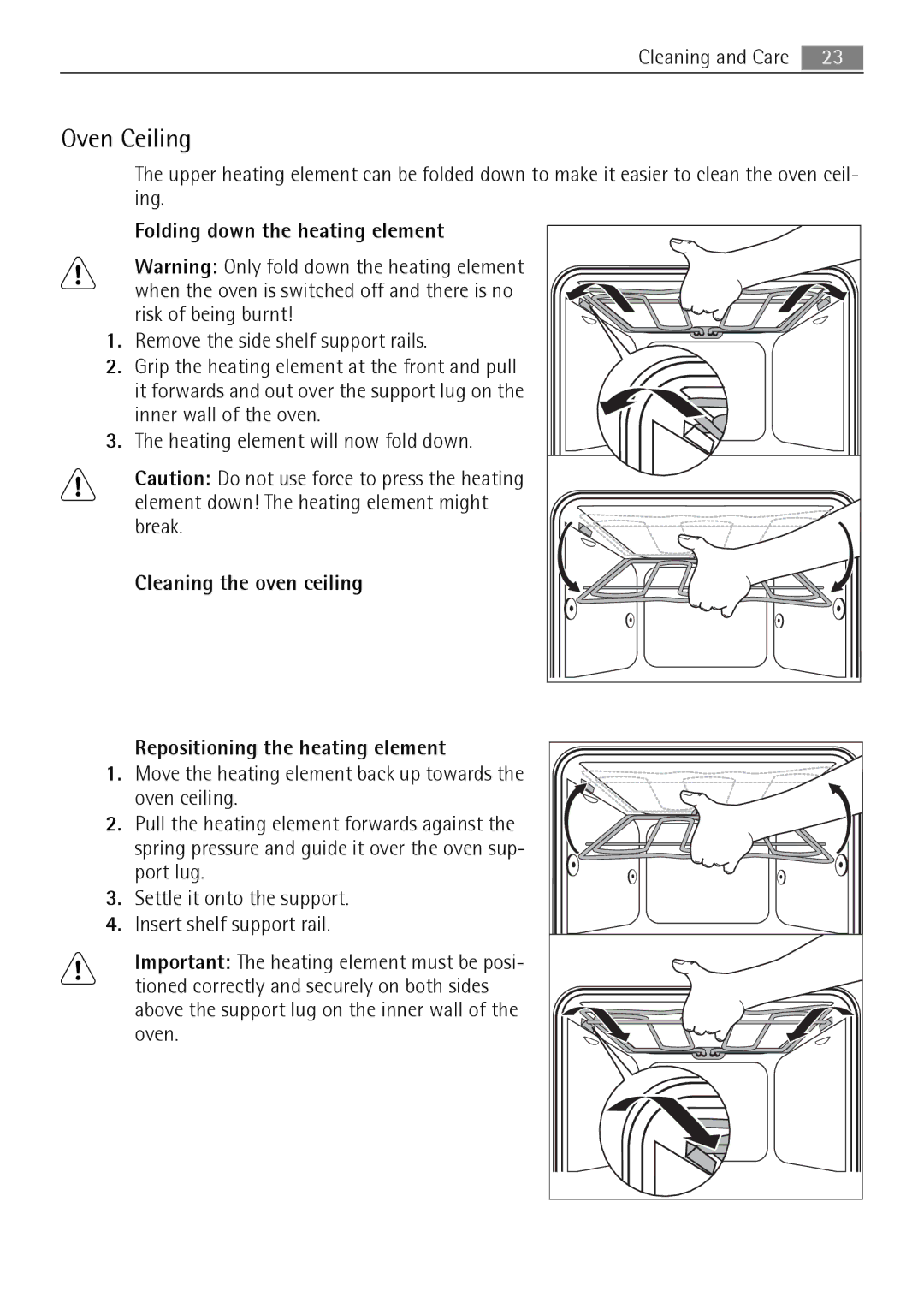 Electrolux E3000-5 user manual Oven Ceiling, Folding down the heating element 