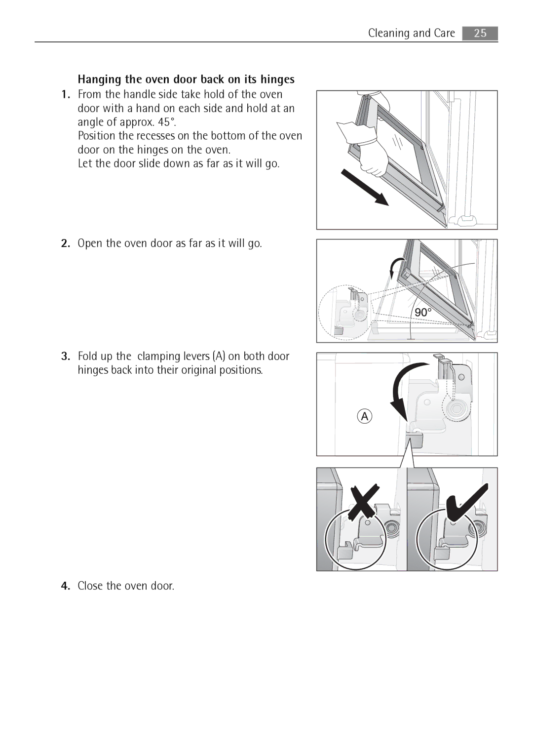 Electrolux E3000-5 user manual Hanging the oven door back on its hinges, Close the oven door 