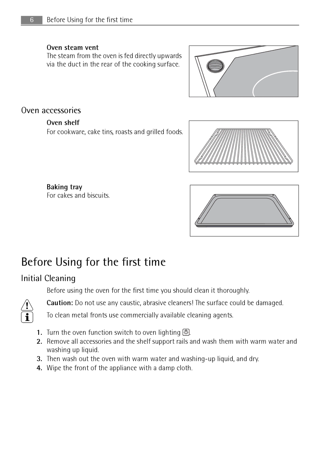 Electrolux E3000-5 user manual Before Using for the first time, Oven accessories, Initial Cleaning 