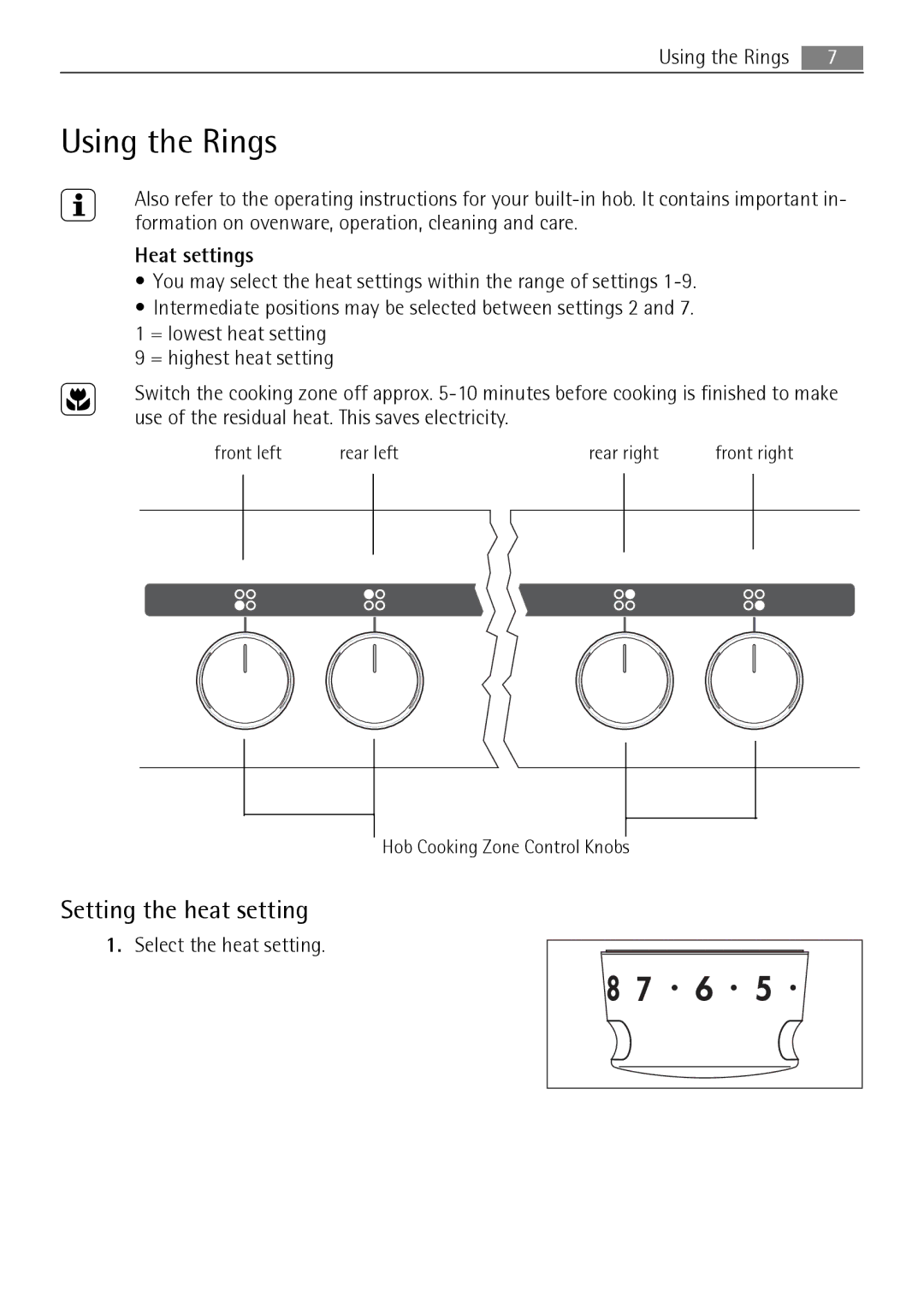 Electrolux E3000-5 user manual Using the Rings, Setting the heat setting, Heat settings, Select the heat setting 