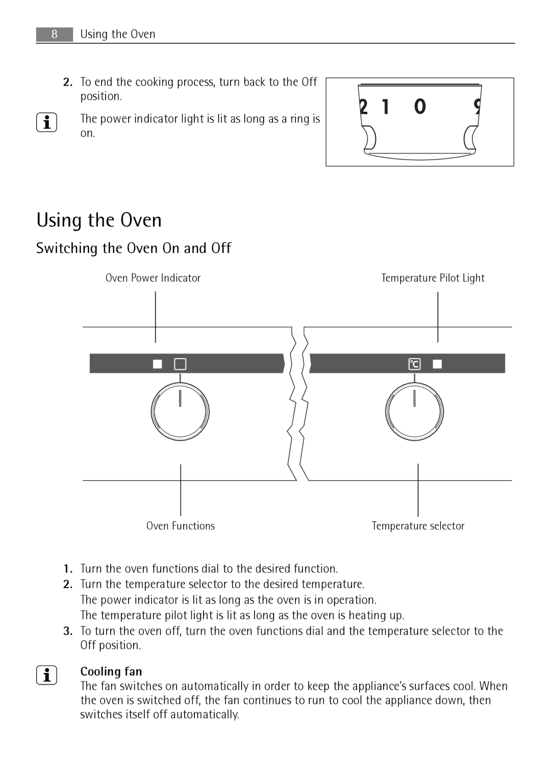 Electrolux E3000-5 Using the Oven, Switching the Oven On and Off, Turn the oven functions dial to the desired function 