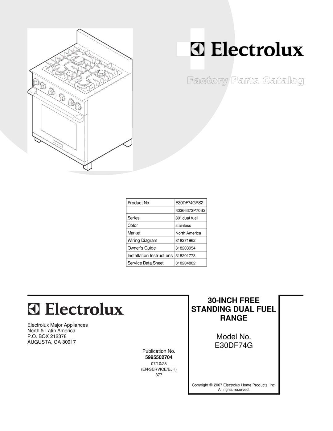 Electrolux E30DF74GPS2, 30366373P70S2 manual Range 