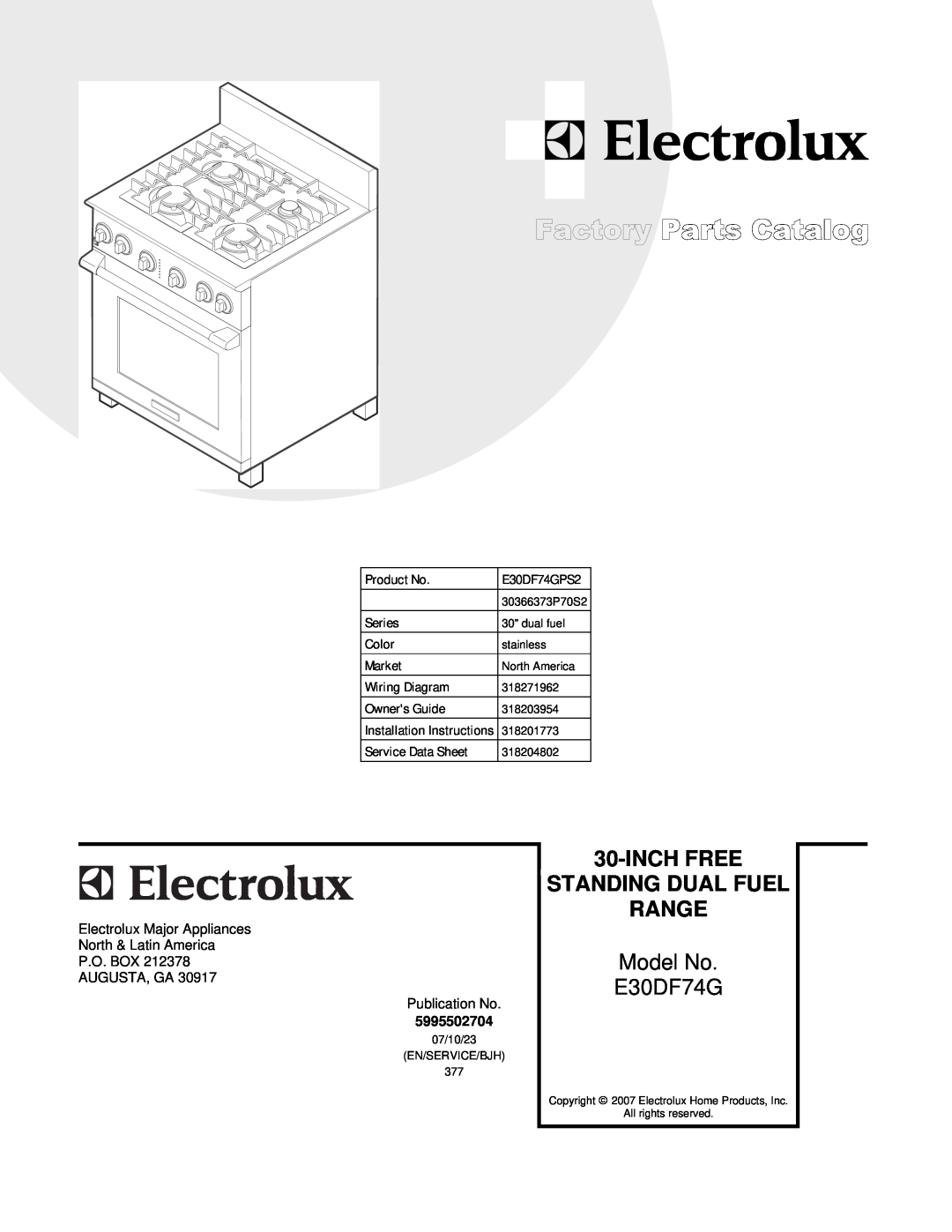 Electrolux E30DF74GPS2, 30366373P70S2 manual Range, Model No 