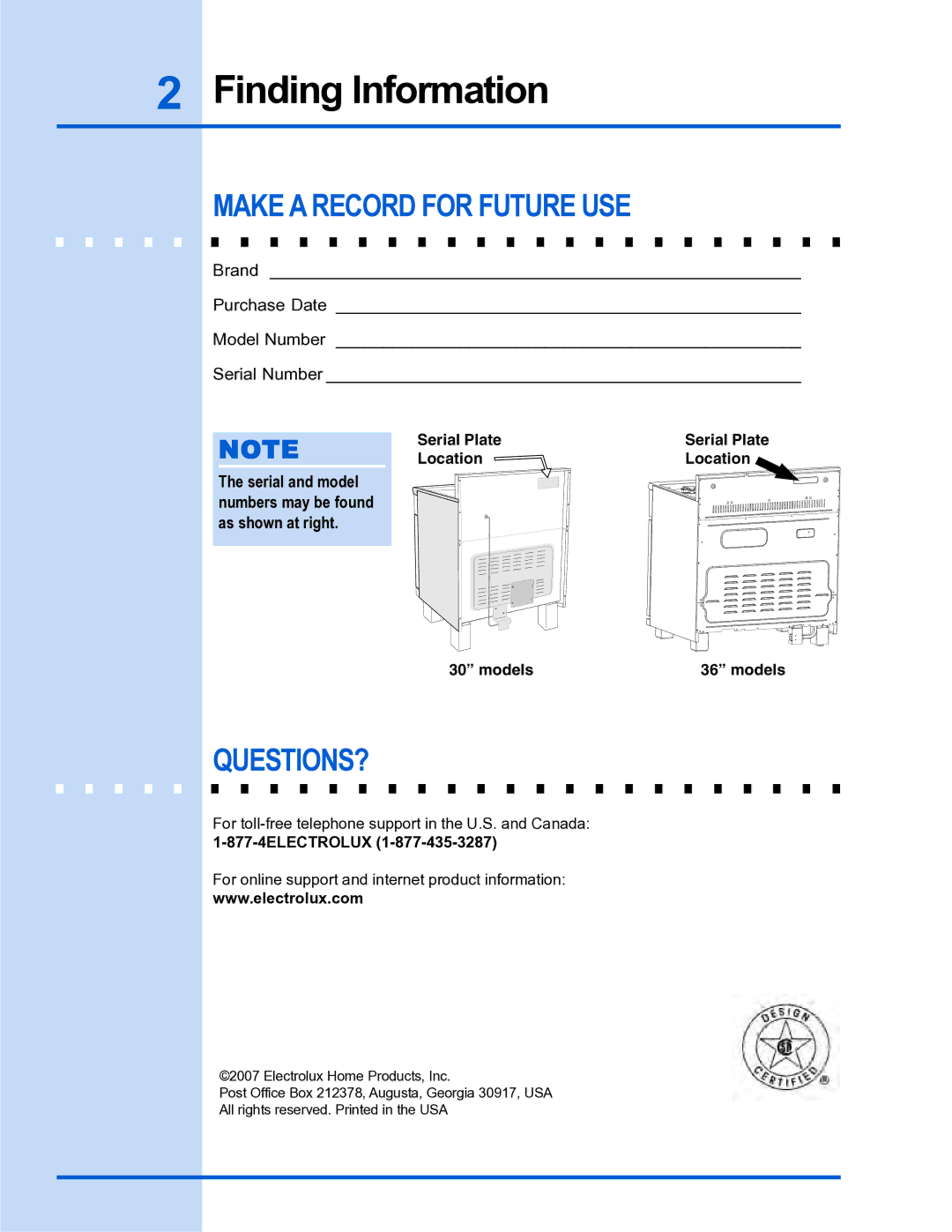 Electrolux E30DF74GPS, E36DF76GPS manual Finding Information, Make a Record for Future USE, Questions?, 877-4ELECTROLUX 