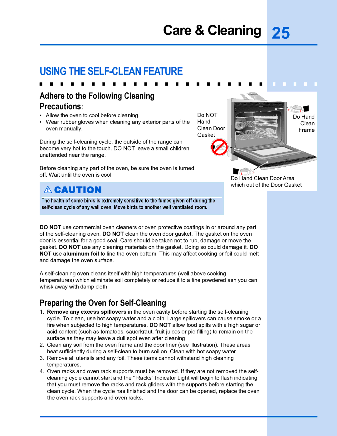 Electrolux E36DF76GPS manual Care & Cleaning, Using the SELF-CLEAN Feature, Adhere to the Following Cleaning Precautions 