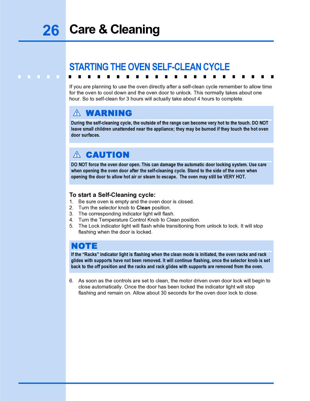 Electrolux E30DF74GPS, E36DF76GPS manual Starting the Oven SELF-CLEAN Cycle, To start a Self-Cleaning cycle 