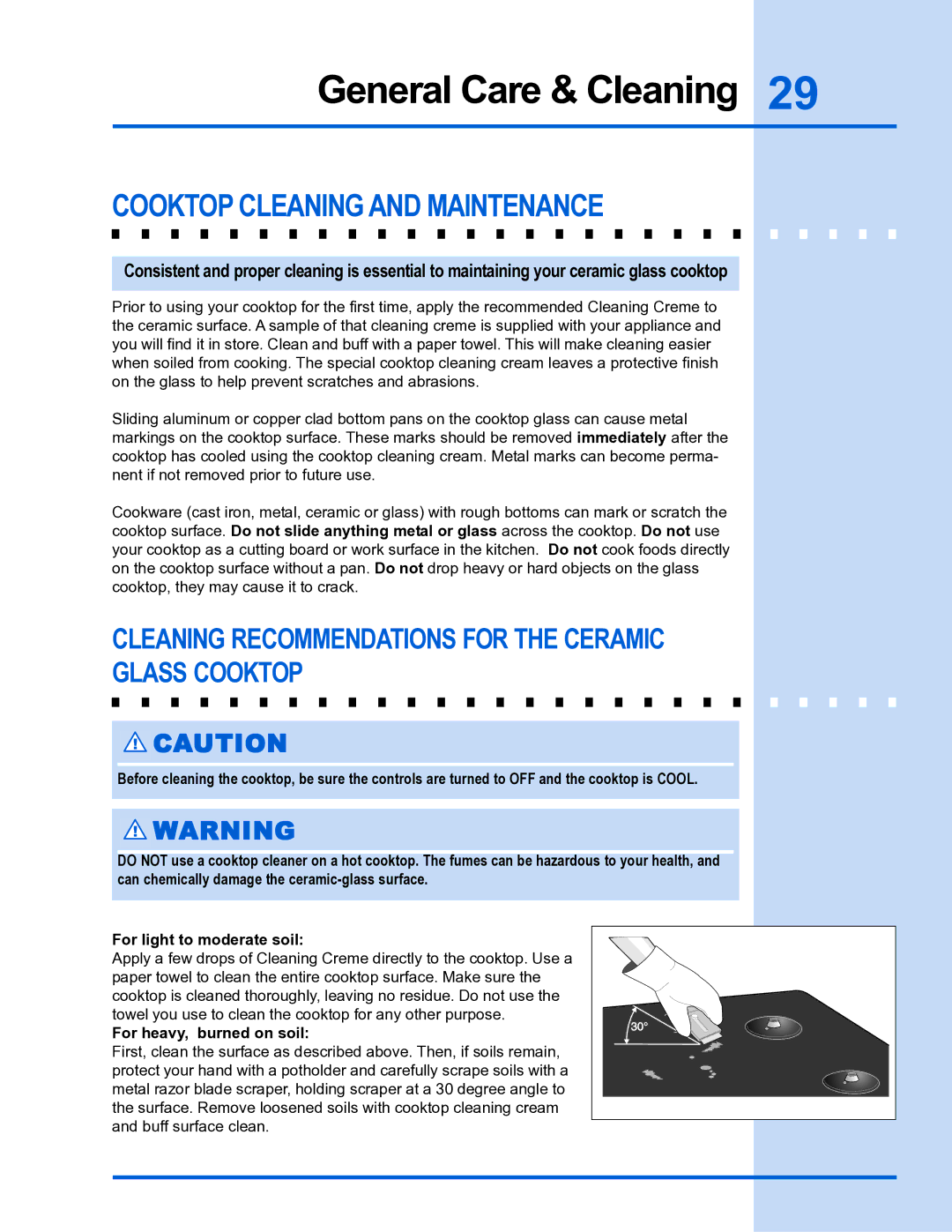 Electrolux E36DF76GPS, E30DF74GPS manual Cooktop Cleaning and Maintenance, For heavy, burned on soil 