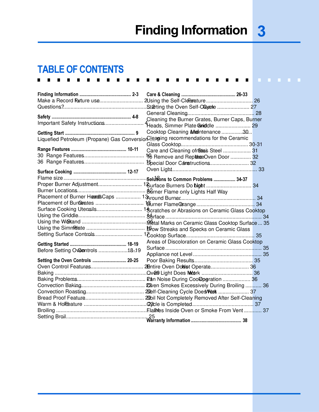 Electrolux E36DF76GPS, E30DF74GPS manual Table of Contents 