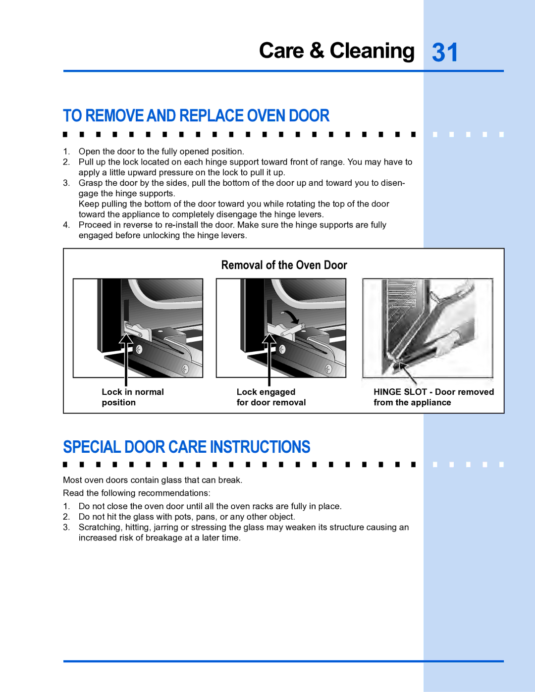 Electrolux E36DF76GPS, E30DF74GPS manual To Remove and Replace Oven Door, Special Door Care Instructions 