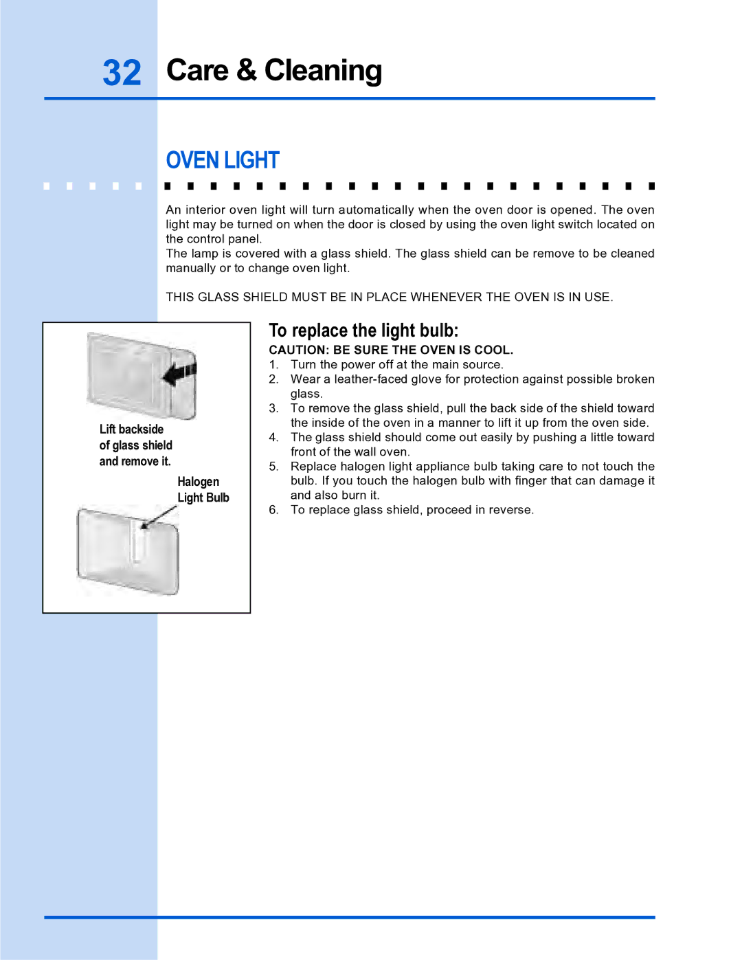 Electrolux E30DF74GPS, E36DF76GPS manual Oven Light, To replace the light bulb 