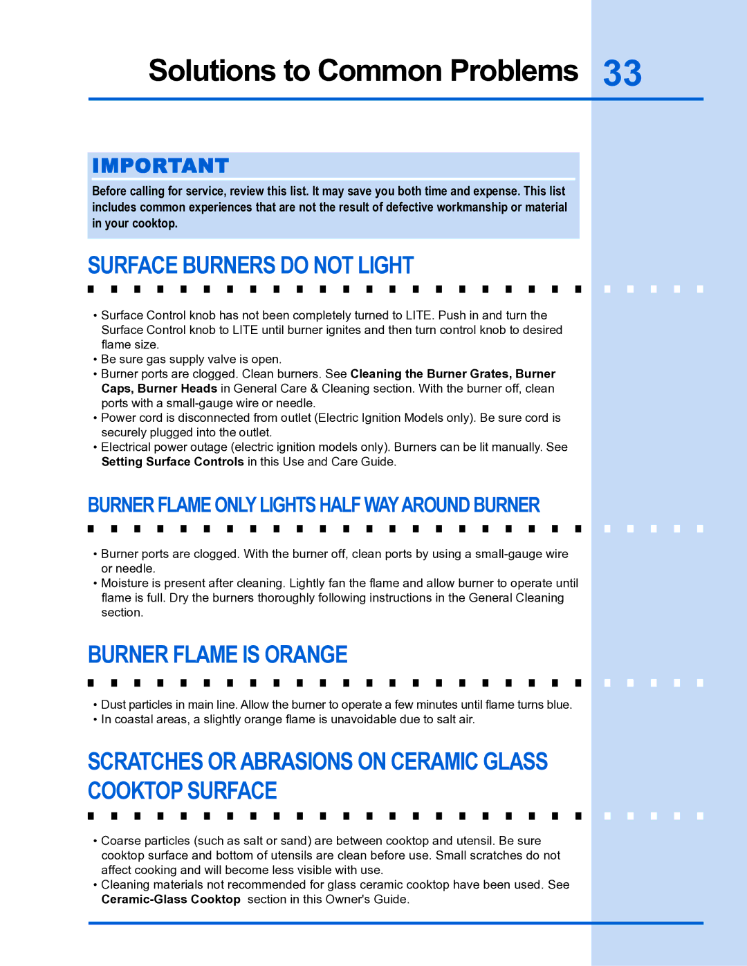 Electrolux E36DF76GPS, E30DF74GPS manual Solutions to Common Problems, Surface Burners do not Light, Burner Flame is Orange 
