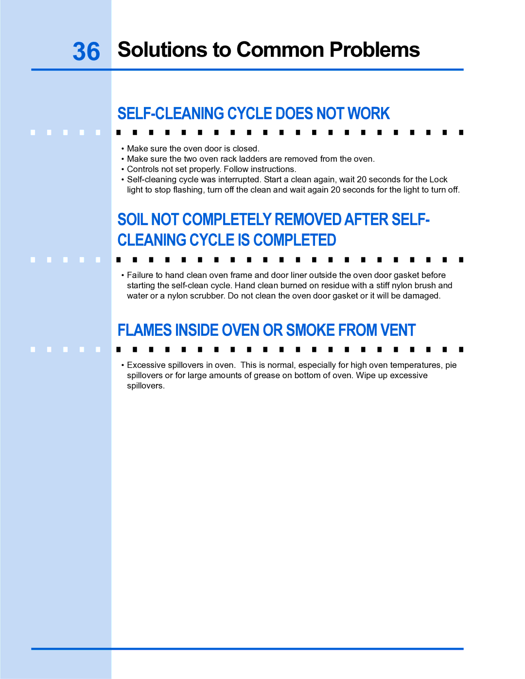 Electrolux E30DF74GPS, E36DF76GPS manual SELF-CLEANING Cycle does not Work, Flames Inside Oven or Smoke from Vent 