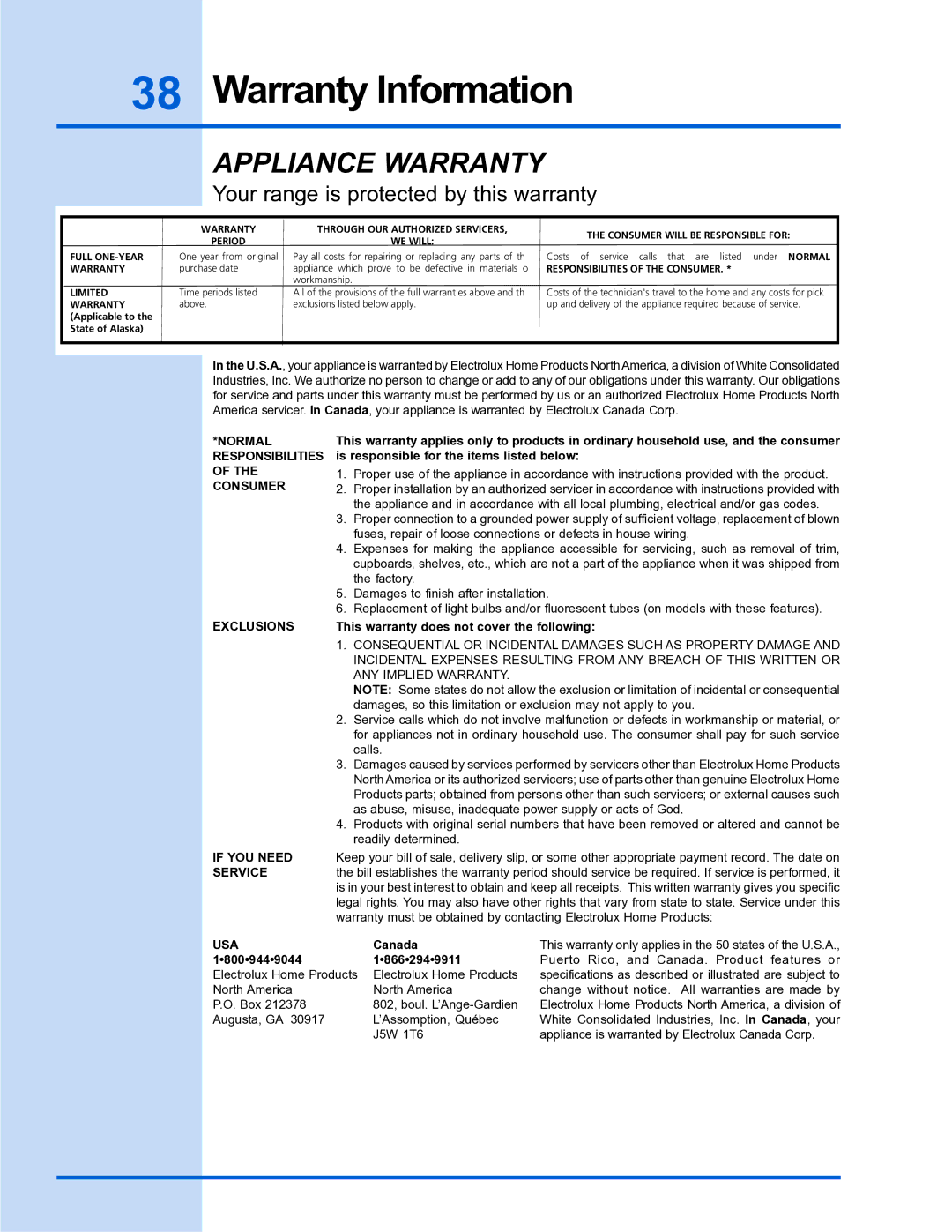 Electrolux E36DF76GPS, E30DF74GPS manual Warranty Information, Appliance Warranty 