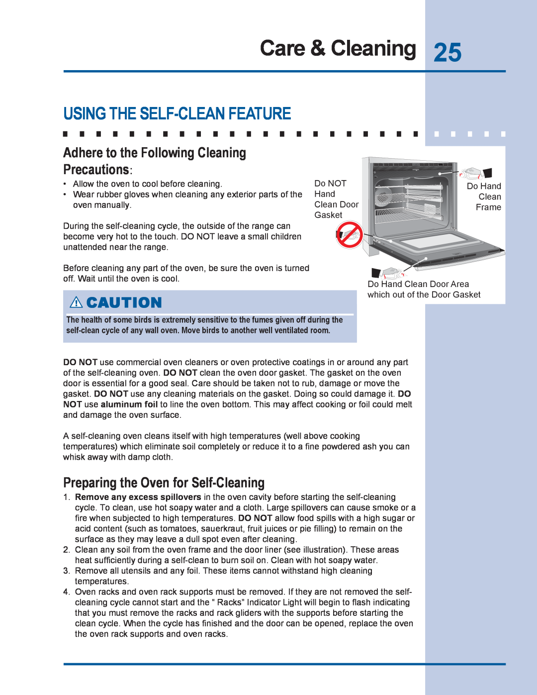 Electrolux E36DF76GPS manual Care & Cleaning, Using The Self-Cleanfeature, Adhere to the Following Cleaning Precautions 
