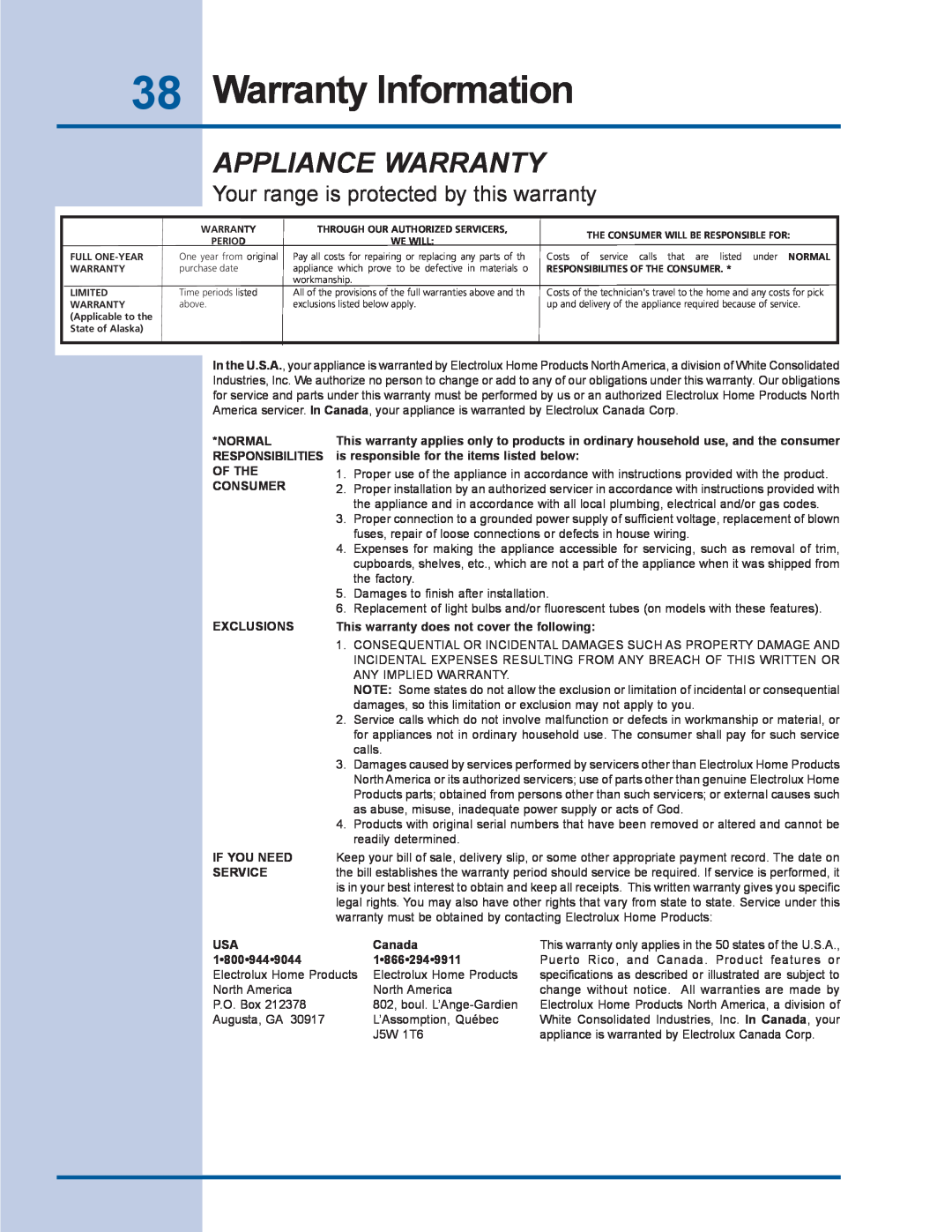 Electrolux E36DF76GPS manual 38Warranty Information, Appliance Warranty, Your range is protected by this warranty, Canada 