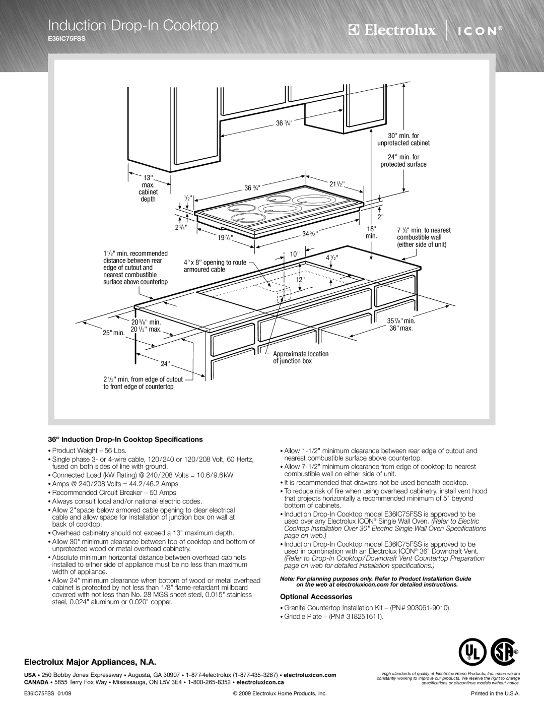 Electrolux E36EC75HSS, E30EC65ESS, E30GC70FSS, E36IC75FSS Induction Drop-In Cooktop Specifications, Optional Accessories 