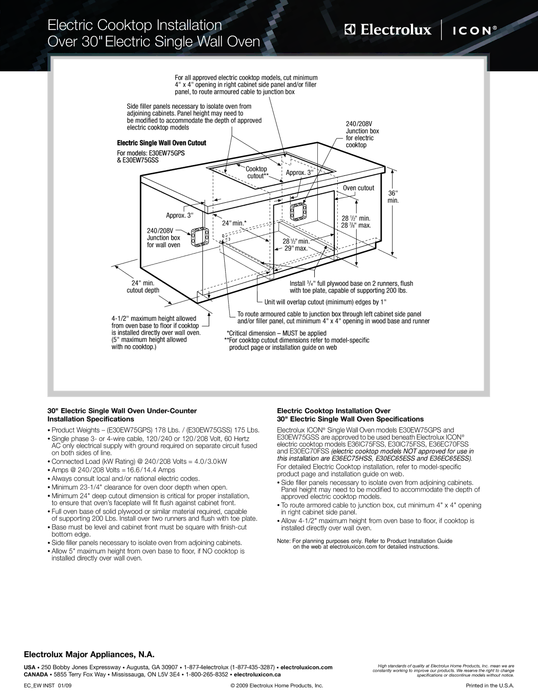 Electrolux E36IC75FSS, E30EC65ESS, E30GC70FSS, E36EC75HSS Electric Single Wall Oven Cutout, For models E30EW75GPS E30EW75GSS 