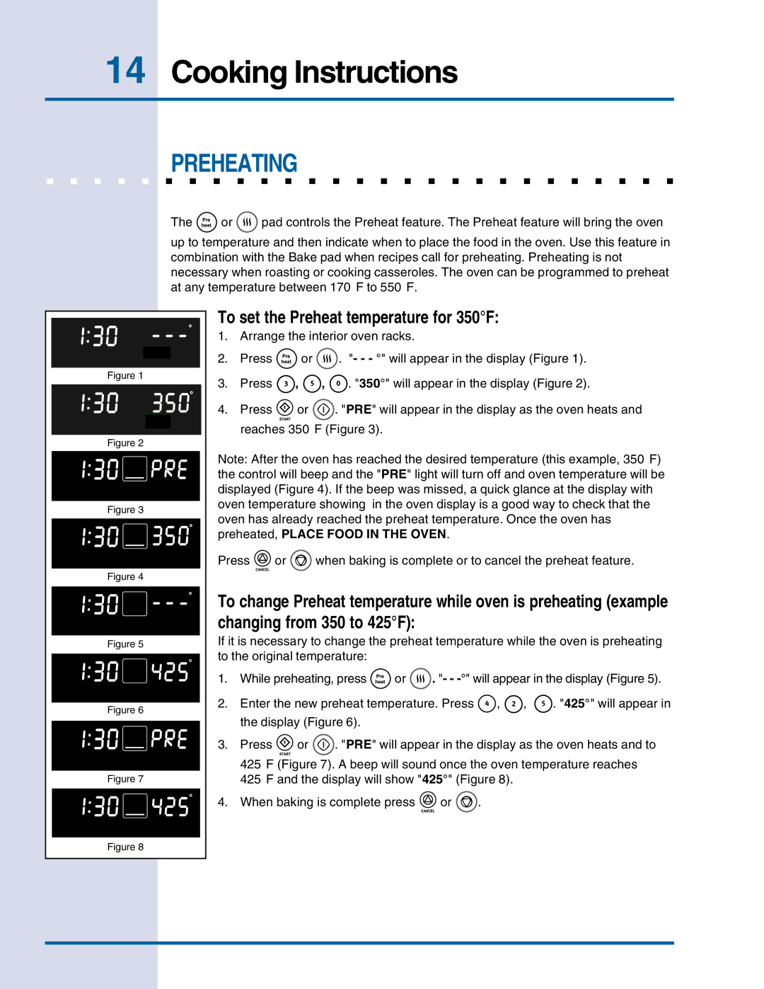 Electrolux E30EW75DSS manual Cooking Instructions, Preheating, To set the Preheat temperature for 350F 