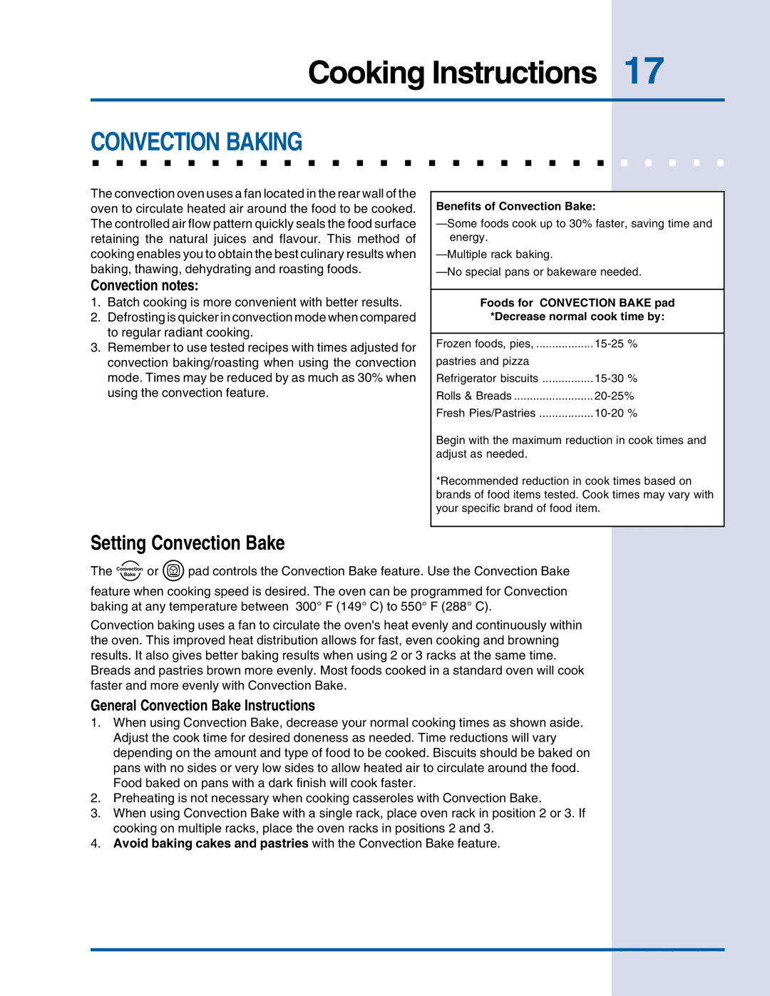 Electrolux E30EW75DSS manual Convection Baking, Setting Convection Bake, Benefits of Convection Bake 