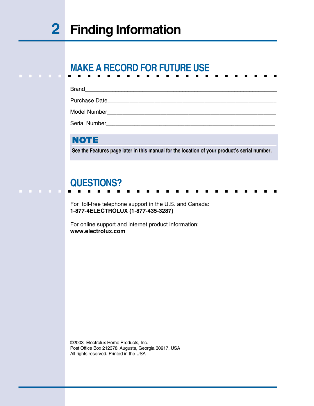 Electrolux E30EW75DSS manual Finding Information, Make a Record for Future USE, Questions? 