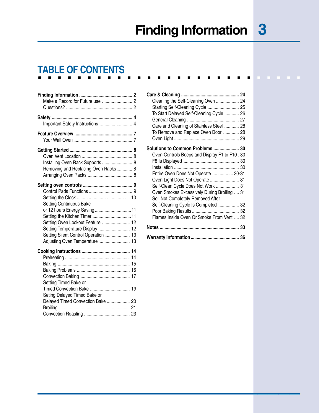 Electrolux E30EW75DSS manual Table of Contents 