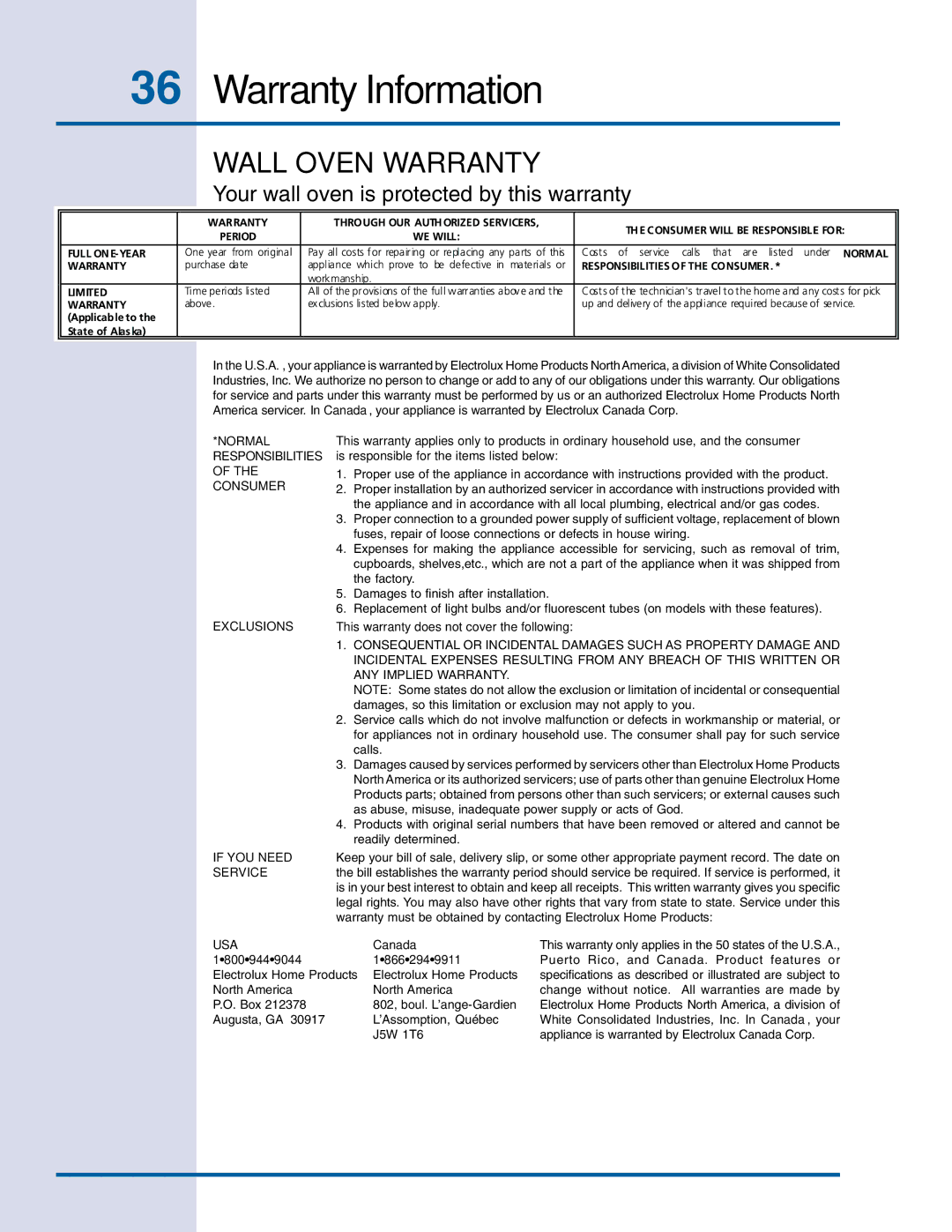 Electrolux E30EW75DSS manual Warranty Information, Wall Oven Warranty 