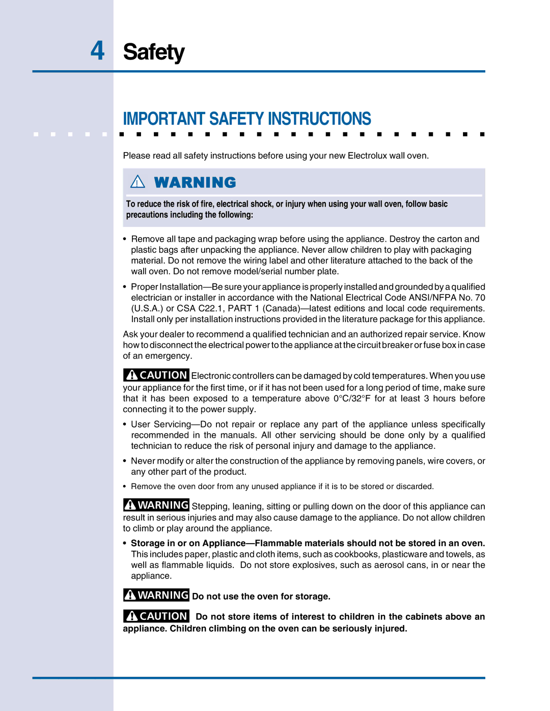 Electrolux E30EW75DSS manual Important Safety Instructions 