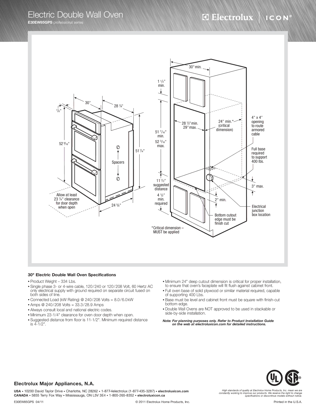 Electrolux E30EW85GPS specifications Electric Double Wall Oven Specifications 