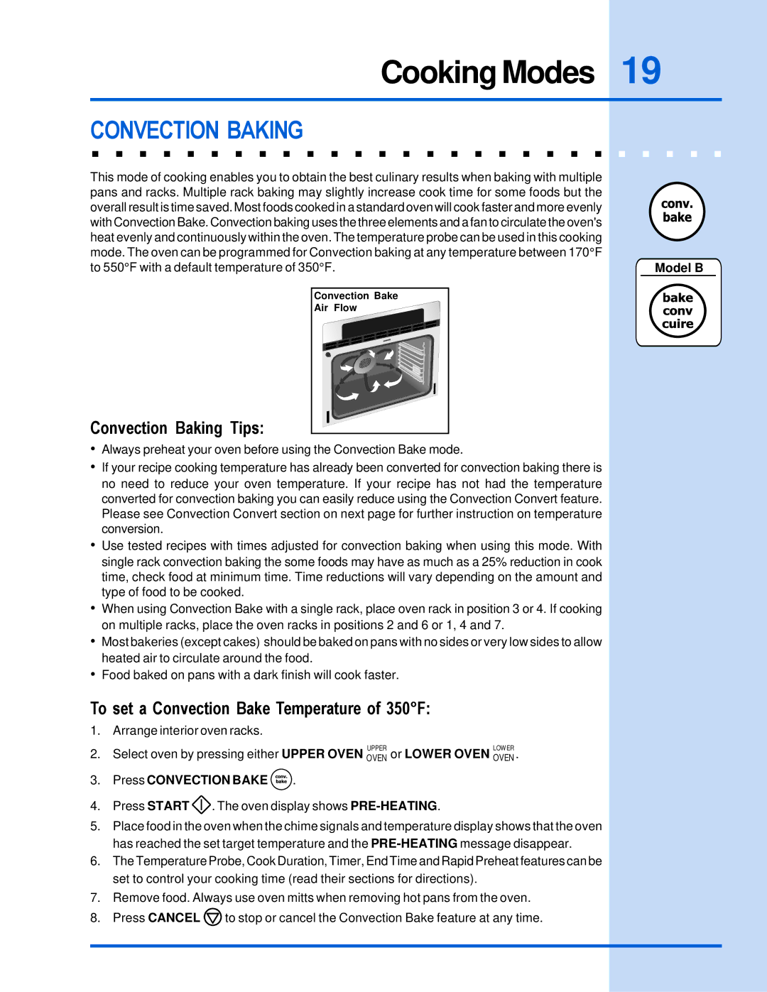 Electrolux E30EW85GPS Convection Baking Tips, To set a Convection Bake Temperature of 350F, Press Convection Bake 