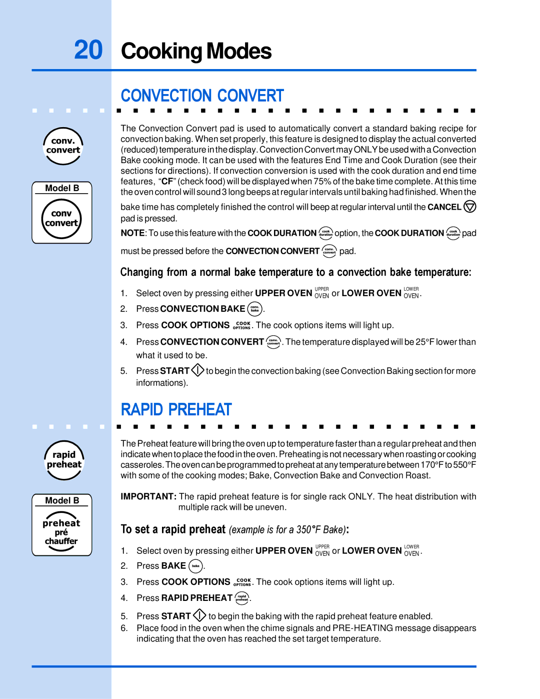 Electrolux E30EW85GPS manual Convection Convert, Press Rapid Preheat 