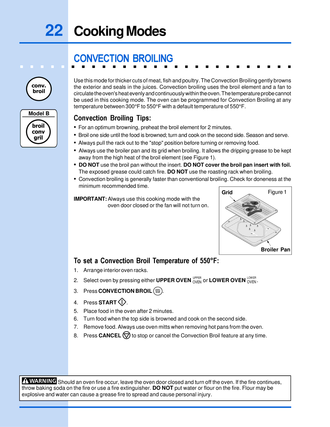 Electrolux E30EW85GPS manual Convection Broiling Tips, To set a Convection Broil Temperature of 550F, Grid 