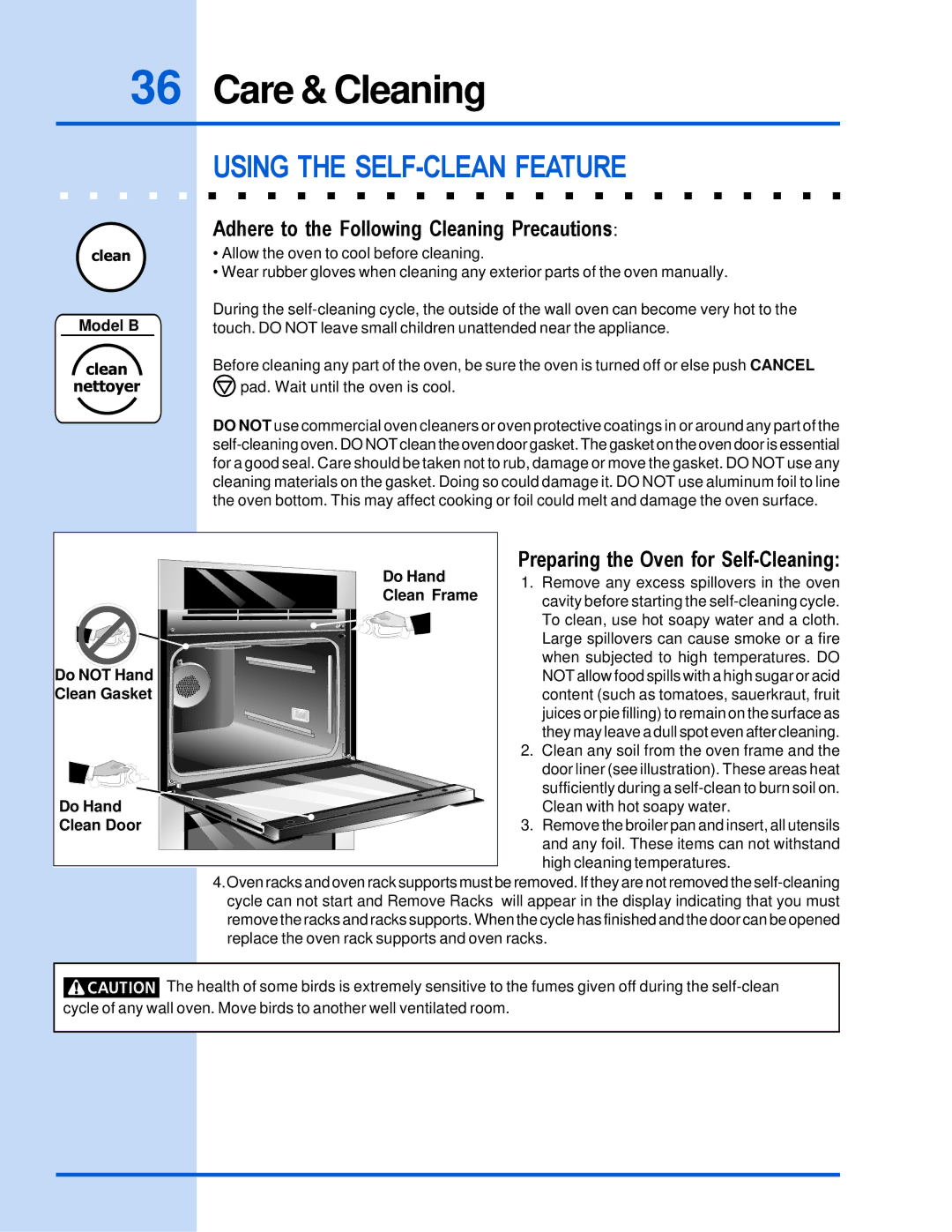 Electrolux E30EW85GPS manual Care & Cleaning, Using the SELF-CLEAN Feature, Adhere to the Following Cleaning Precautions 