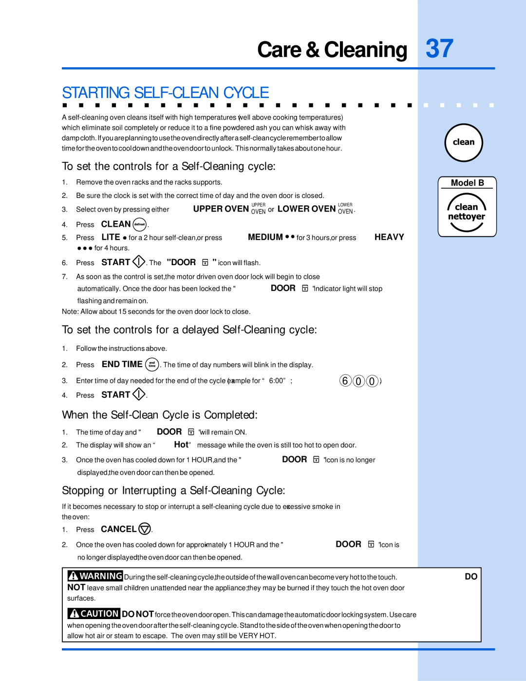 Electrolux E30EW85GPS manual Starting SELF-CLEAN Cycle, To set the controls for a Self-Cleaning cycle 