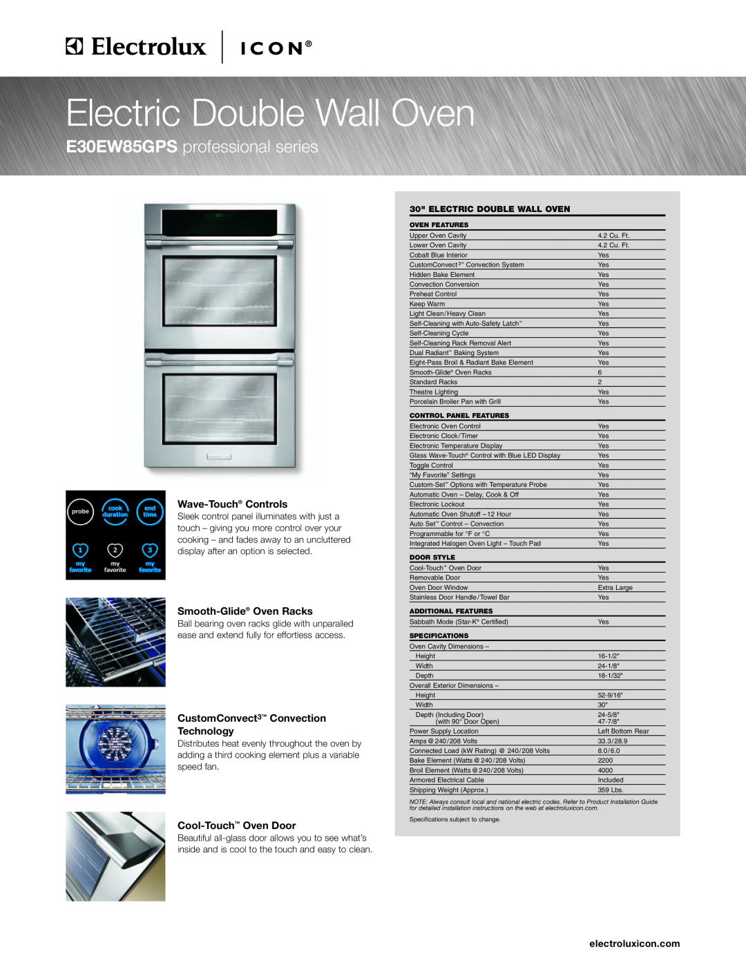 Electrolux E30EW85GPS specifications Wave-Touch Controls, Smooth-Glide Oven Racks, CustomConvect3 Convection Technology 