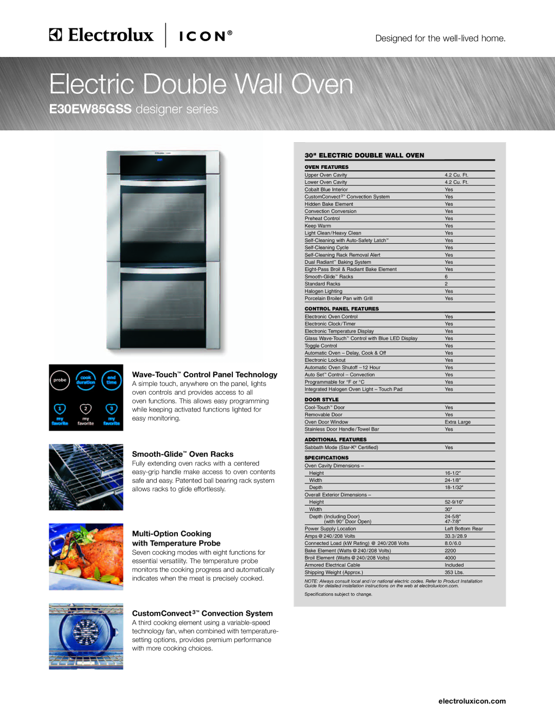 Electrolux E30EW85GSS specifications Wave-TouchControl Panel Technology, Smooth-GlideOven Racks, Electroluxicon.com 