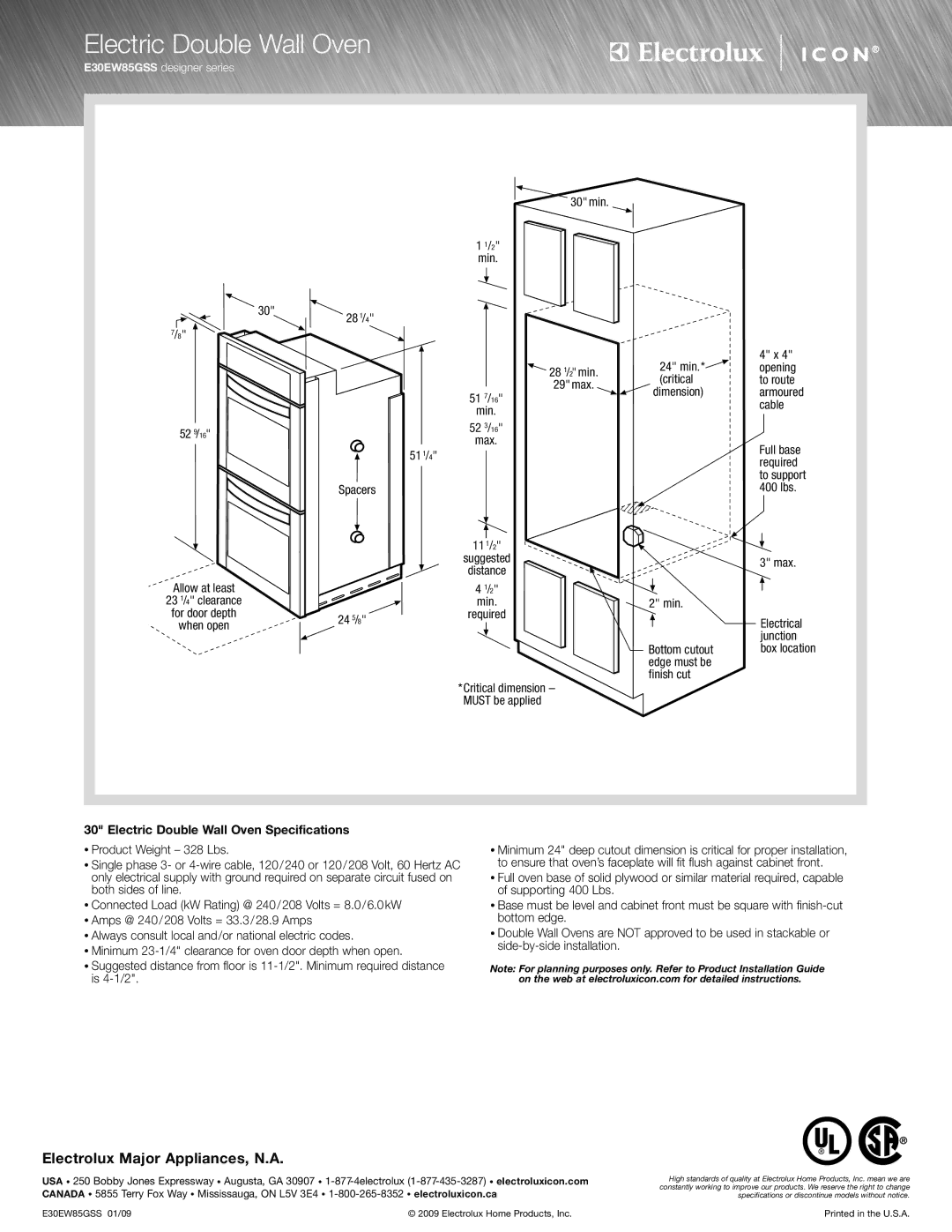 Electrolux E30EW85GSS specifications Electric Double Wall Oven Specifications 