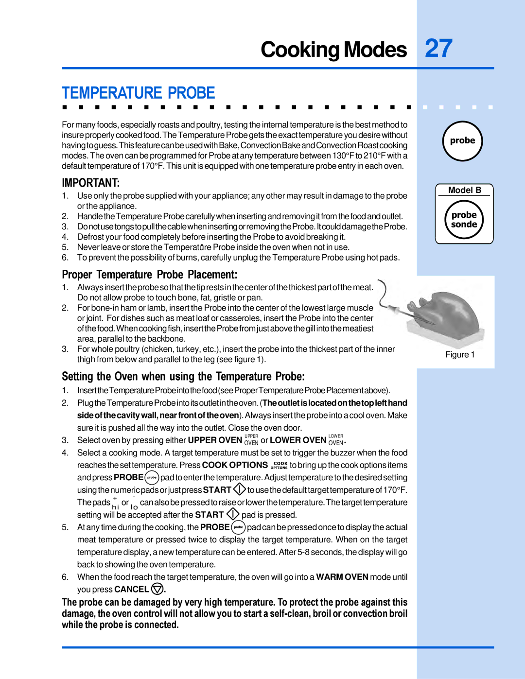 Electrolux E30EW85GSS manual Proper Temperature Probe Placement, Setting the Oven when using the Temperature Probe 