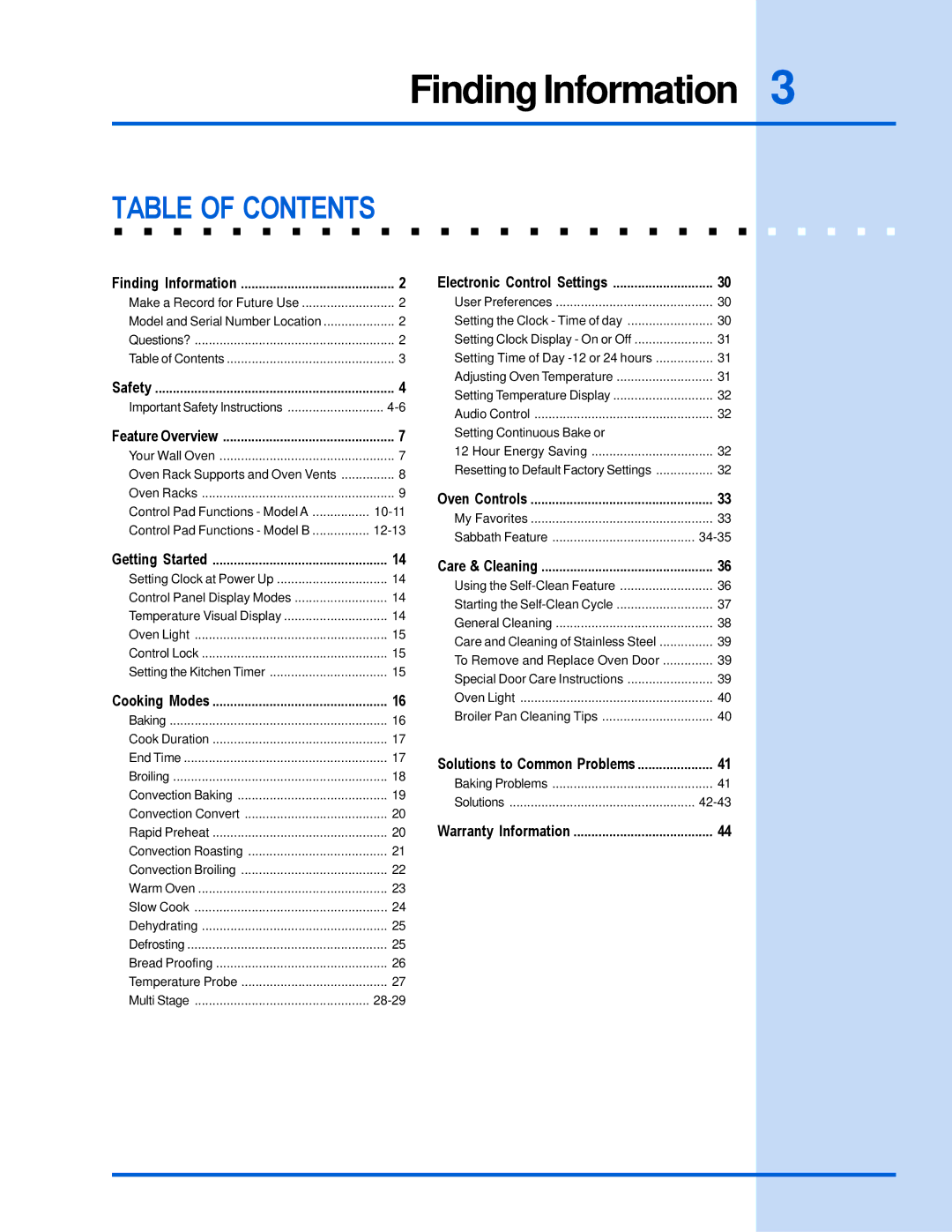 Electrolux E30EW85GSS manual Finding Information, Table of Contents 