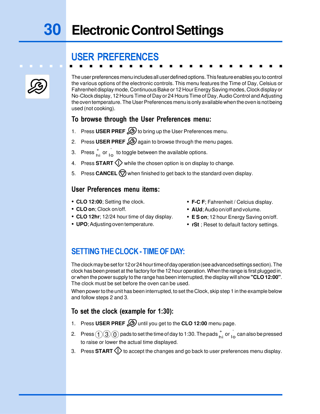 Electrolux E30EW85GSS manual Electronic Control Settings, User Preferences, Setting the Clock Time of DAY 