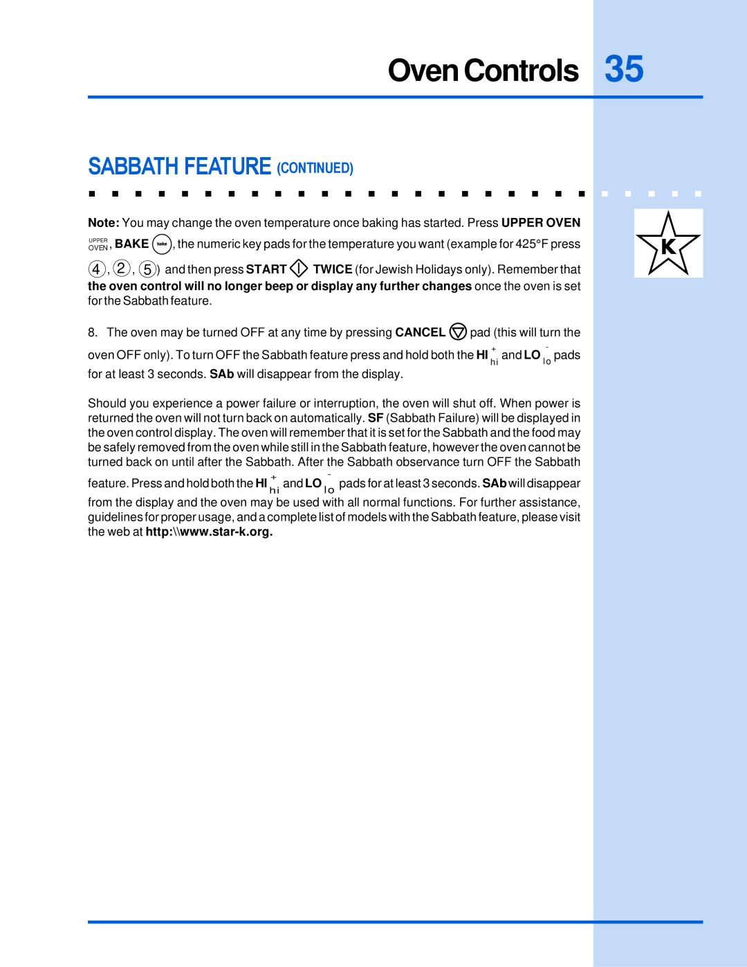 Electrolux E30EW85GSS manual Sabbath Feature 