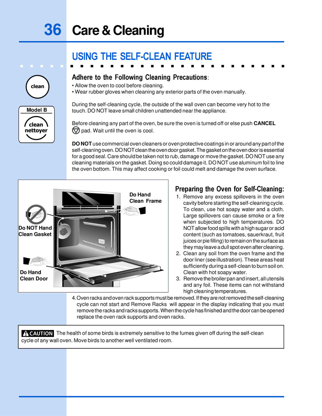 Electrolux E30EW85GSS manual Care & Cleaning, Using the SELF-CLEAN Feature, Adhere to the Following Cleaning Precautions 