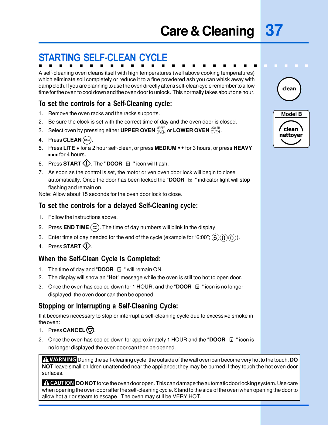 Electrolux E30EW85GSS manual Starting SELF-CLEAN Cycle, To set the controls for a Self-Cleaning cycle 